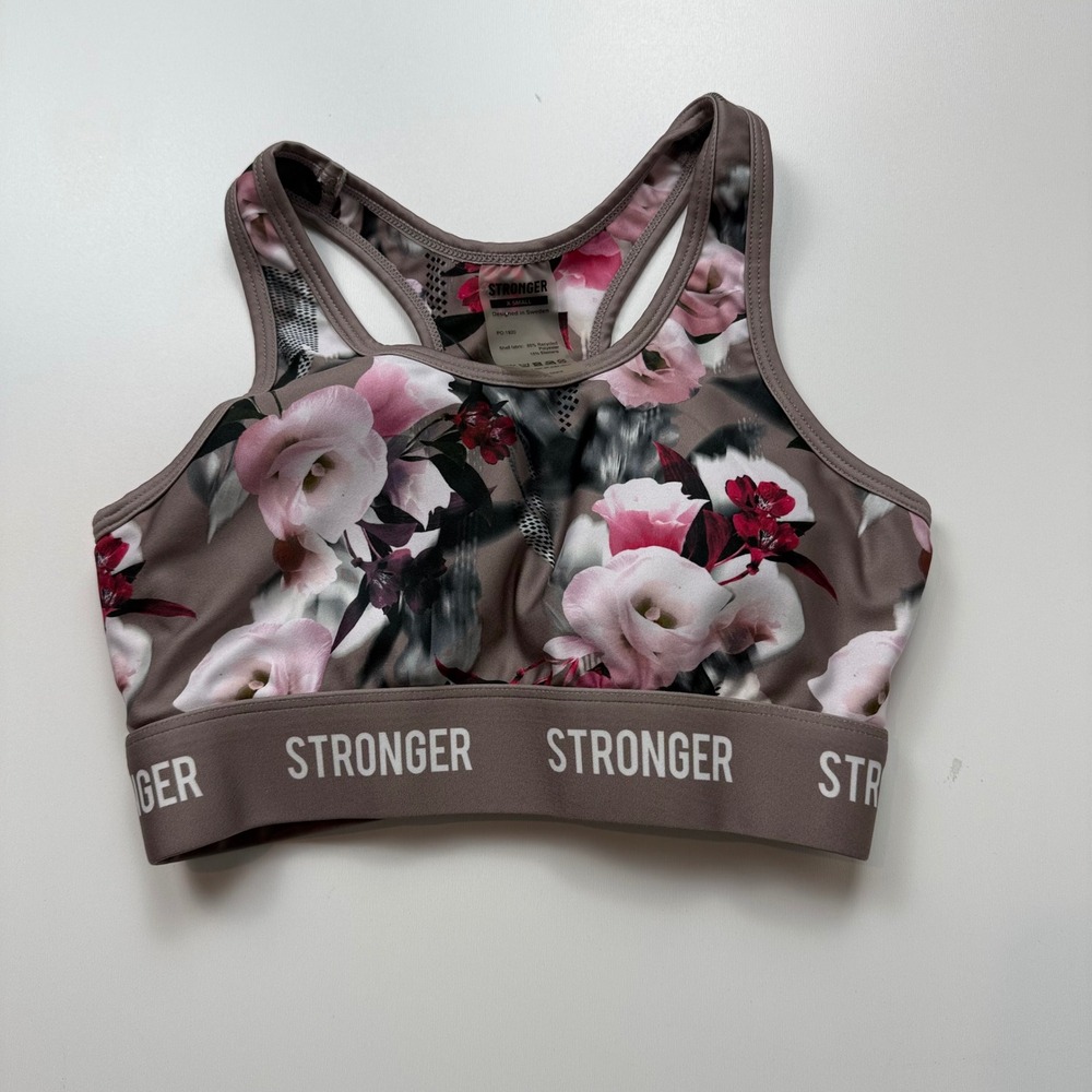 STRONGER‎ Womens XS Floral Racerback Sports Bra Taupe Pink Keyhole Activewear